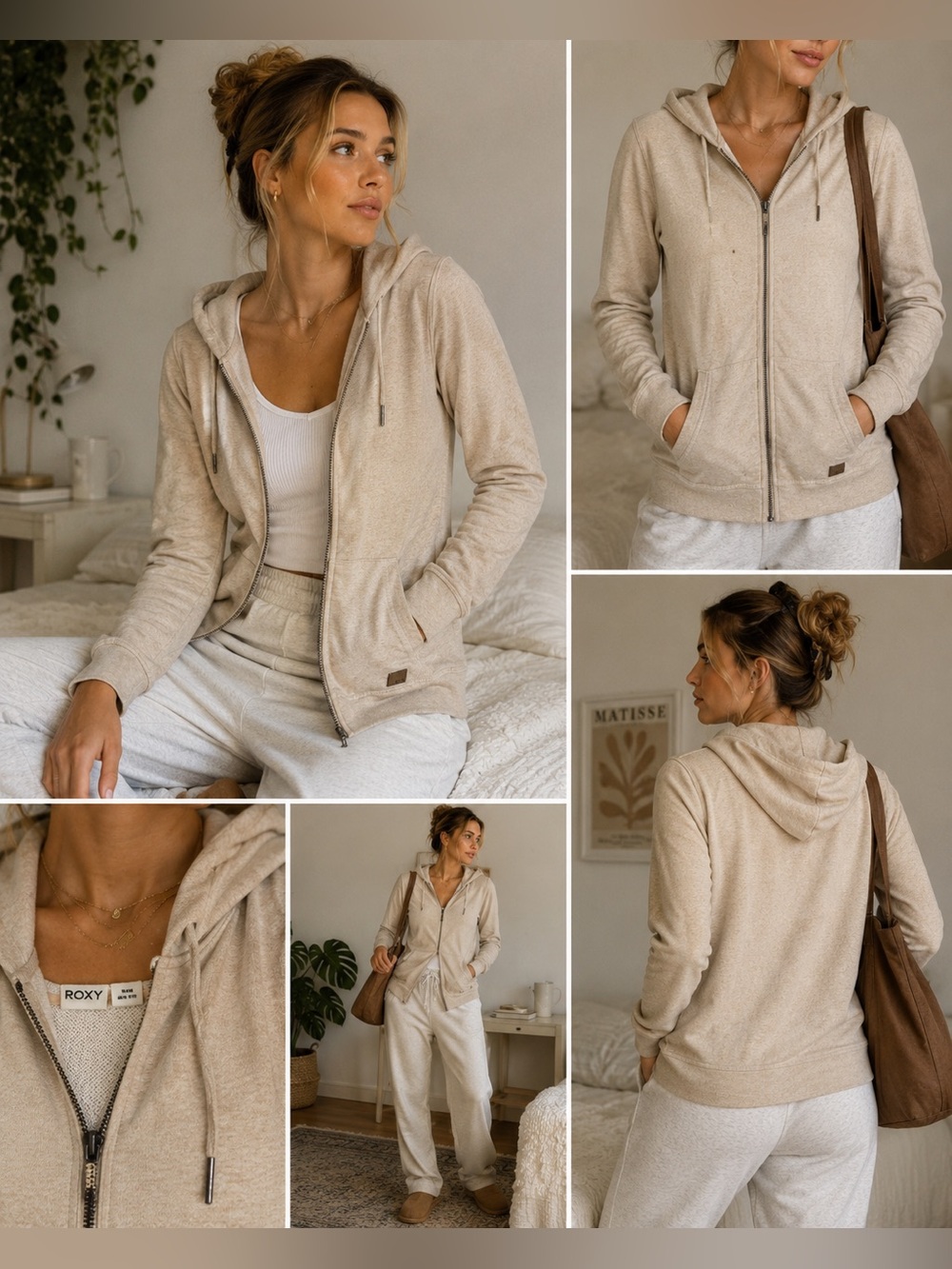 Roxy Women's Light Beige Zip Hoodie Size M Coastal Y2K
